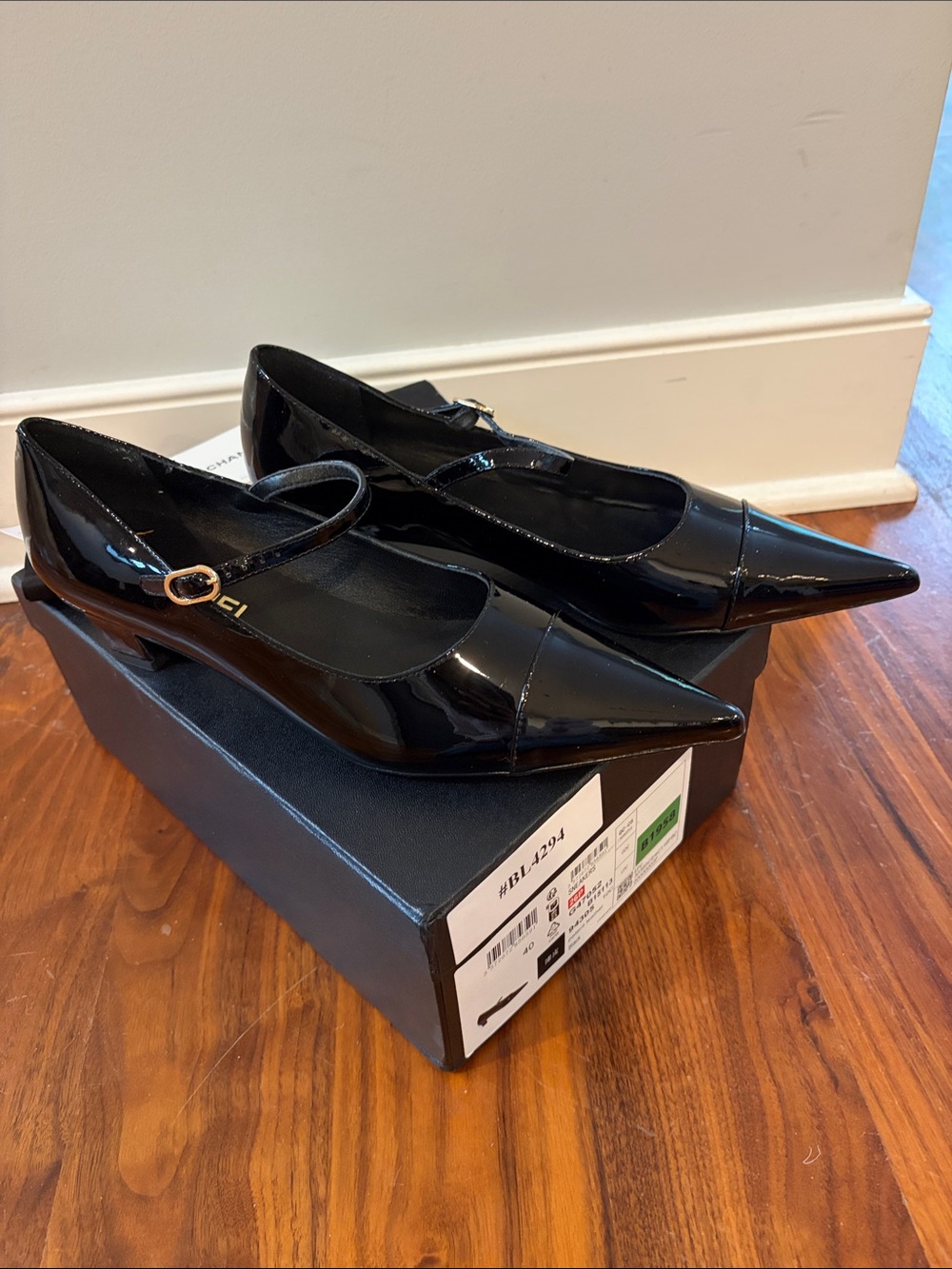 CHANEL Black Patent Pointed Mary Jane Heels